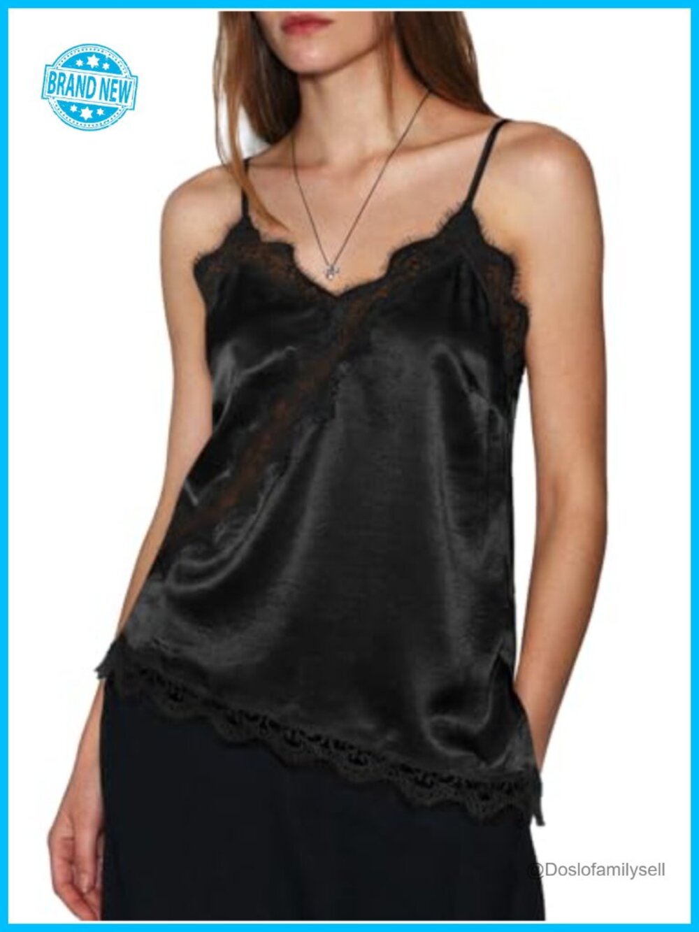 Satin Lace Trim Spaghetti Strap V-Neck Backless Asymmetrical Camisole